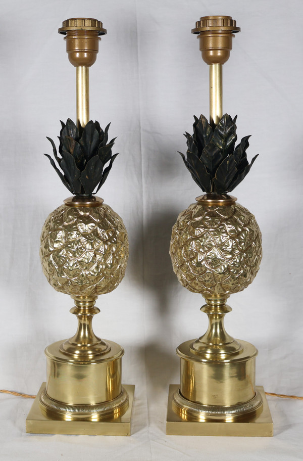 Pair of gilded bronze pineapple lamps from the '70s