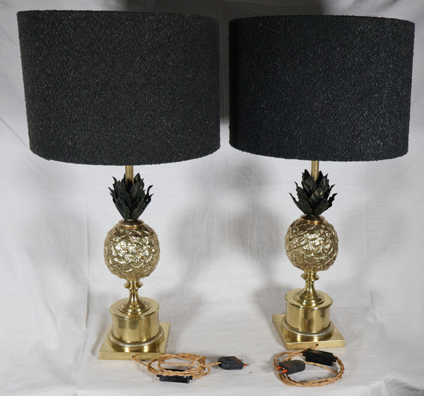 Pair of gilded bronze pineapple lamps from the '70s