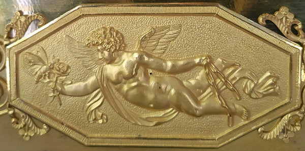 Vergoldete Bronzeuhr "Der Schwur der Liebe" oder "Die Kunst zu lieben" von Ovid