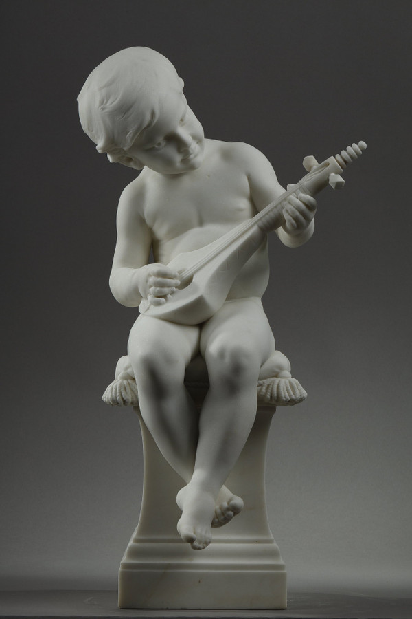 THE LITTLE MUSICIAN, LARGE SCULPTURE IN CARRARA MARBLE BY BARRIAS