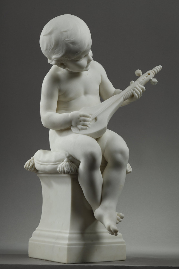 THE LITTLE MUSICIAN, LARGE SCULPTURE IN CARRARA MARBLE BY BARRIAS