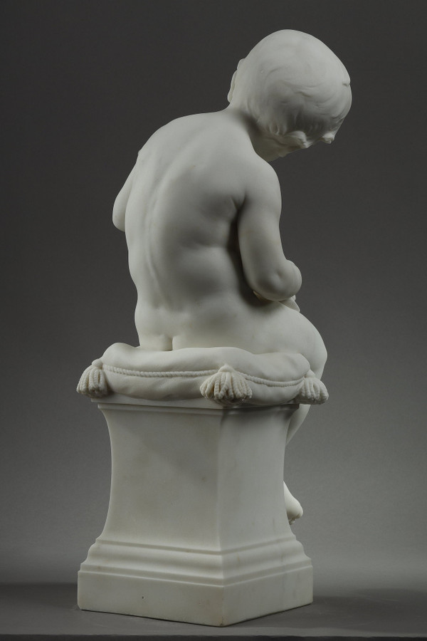 THE LITTLE MUSICIAN, LARGE SCULPTURE IN CARRARA MARBLE BY BARRIAS