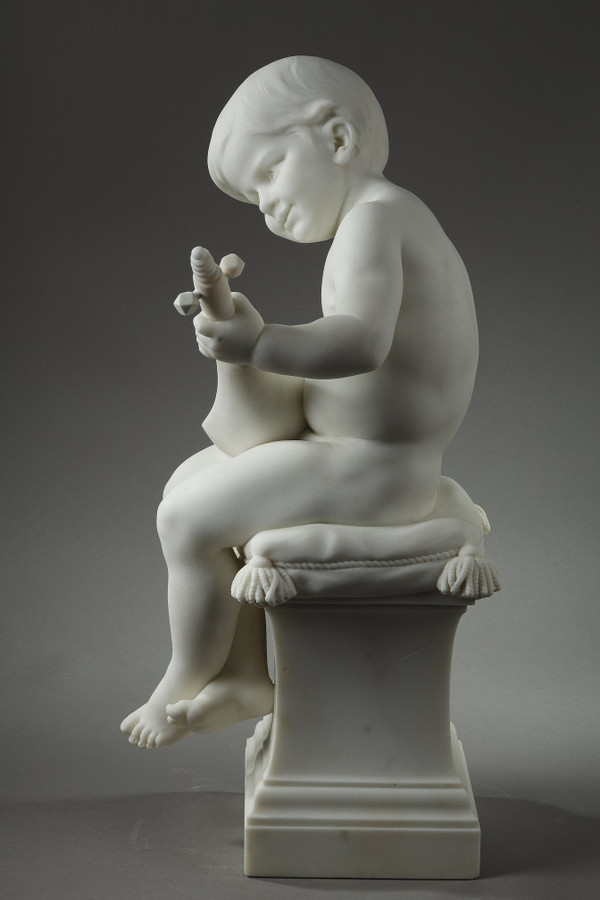 THE LITTLE MUSICIAN, LARGE SCULPTURE IN CARRARA MARBLE BY BARRIAS