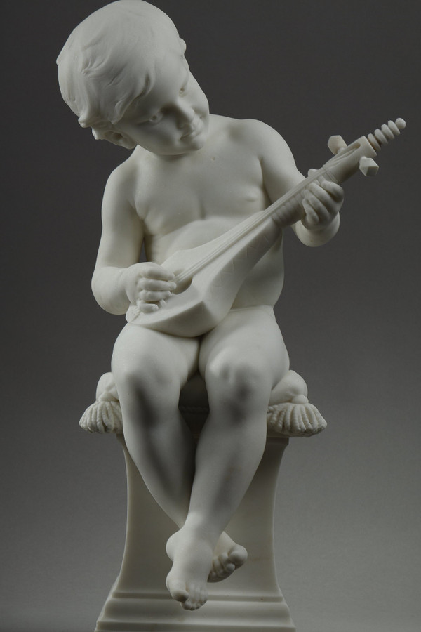 THE LITTLE MUSICIAN, LARGE SCULPTURE IN CARRARA MARBLE BY BARRIAS