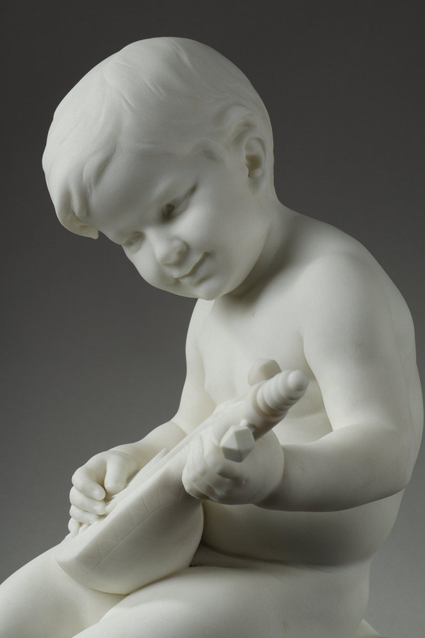 THE LITTLE MUSICIAN, LARGE SCULPTURE IN CARRARA MARBLE BY BARRIAS