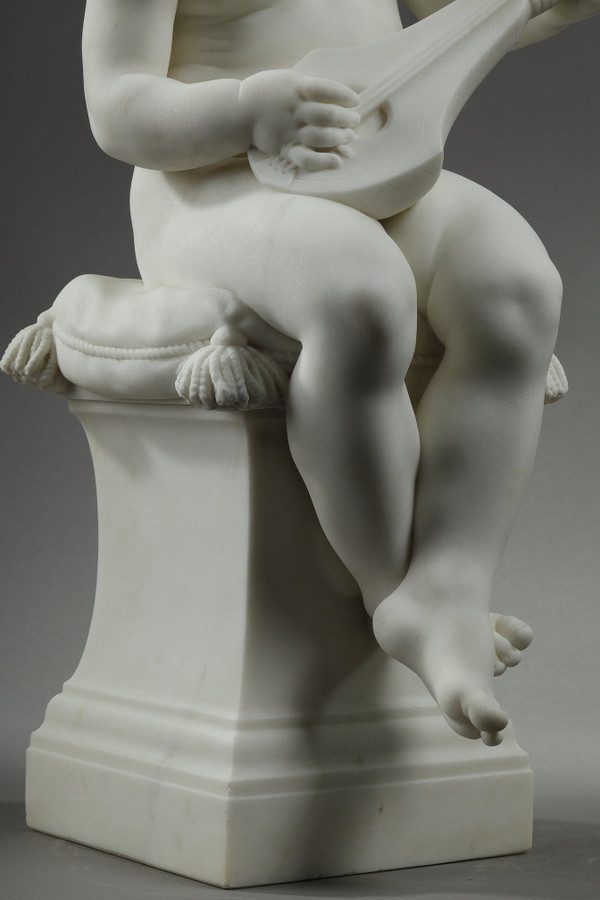 THE LITTLE MUSICIAN, LARGE SCULPTURE IN CARRARA MARBLE BY BARRIAS