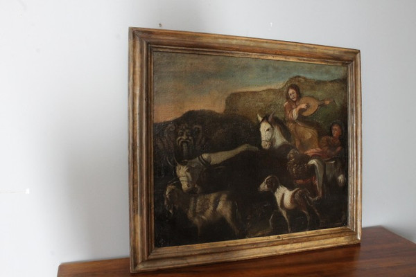 Antique Flemish 17th-century oil on canvas painting with characters and animals. Meas 86 x 72