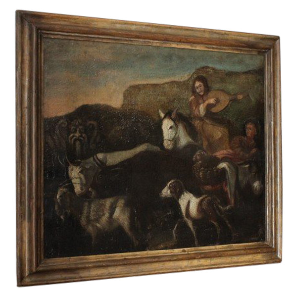 Antique Flemish 17th-century oil on canvas painting with characters and animals. Meas 86 x 72