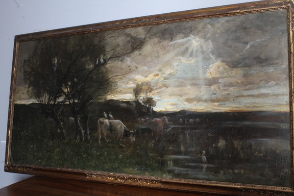 Antique Large oil painting on canvas Broks 1891 . Meas 182 x92 landscape with English Cows