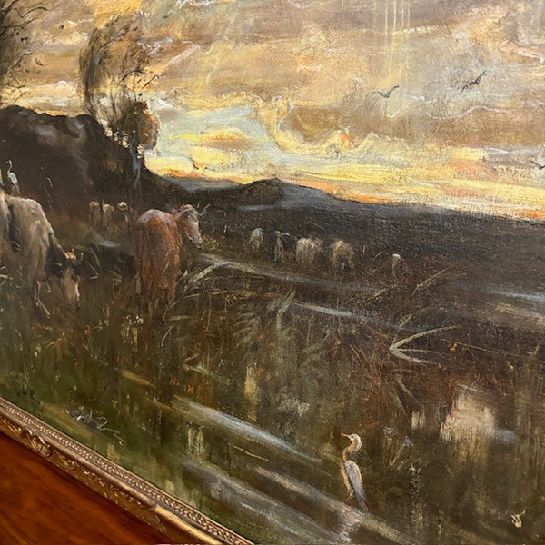 Antique Large oil painting on canvas Broks 1891 . Meas 182 x92 landscape with English Cows