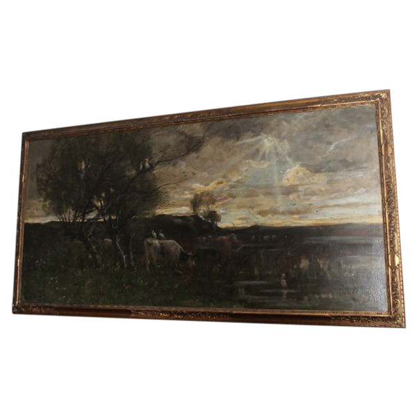 Antique Large oil painting on canvas Broks 1891 . Meas 182 x92 landscape with English Cows