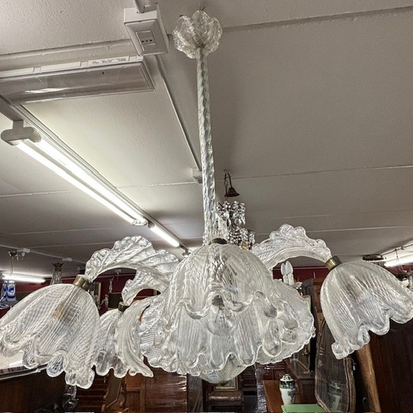 Antico Lampadario Chandelier Barovier e Toso Murano Venice 1930 .  Sei Luci . Lavorazione a rilievo 