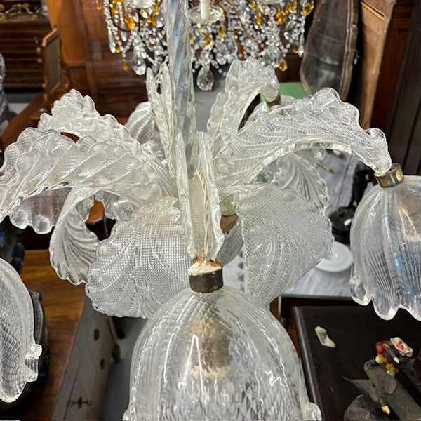 Antico Lampadario Chandelier Barovier e Toso Murano Venice 1930 .  Sei Luci . Lavorazione a rilievo 