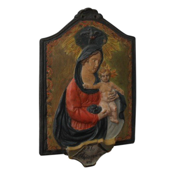 Plaque votive ancienne 1859 Emiliana Vierge et Jésus. en terre cuite peinte 'Salus Infirmorum'.