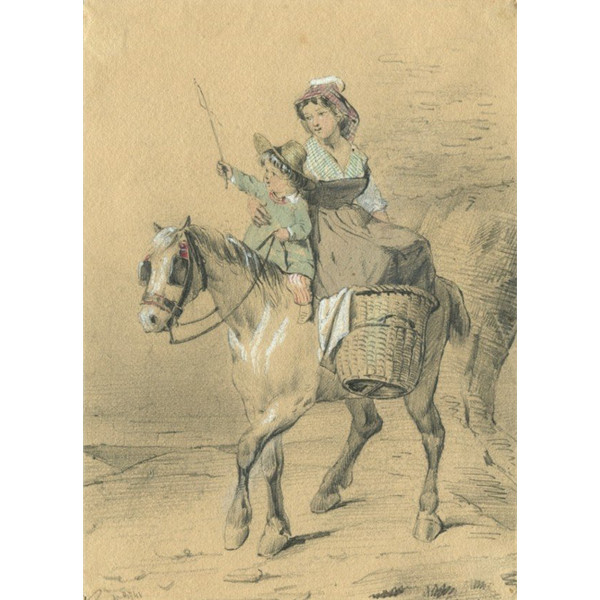 Madre e figlio a cavallo - Disegno originale antico