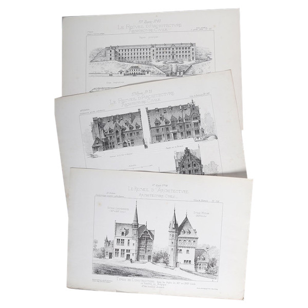 Architecture, Set of 3 engravings, 31x46 cm, early 20th century