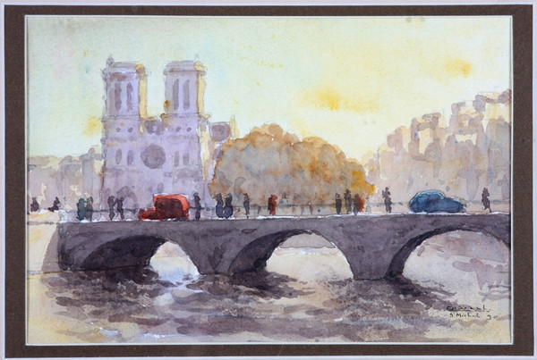 Aquarelle, Paris, Notre Dame, l’ile de la Cité, signée Gabriel Lardat 1900/1994