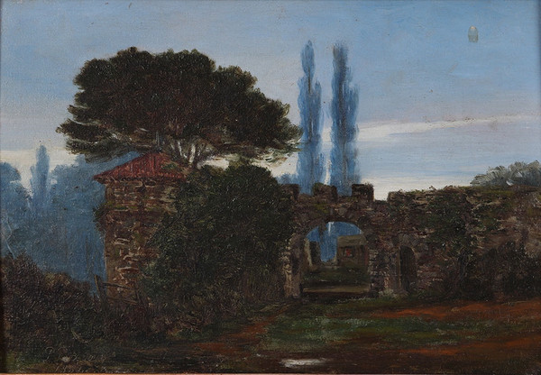 Paesaggio del XIX secolo, firmato P. Baroir, datato 1884, rovine provenzali