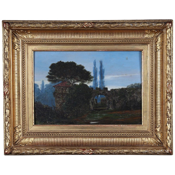 Paesaggio del XIX secolo, firmato P. Baroir, datato 1884, rovine provenzali