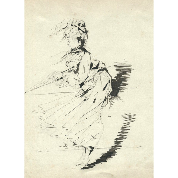 Elegant in a Great Wind - Original Old Drawing