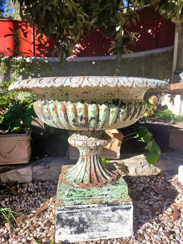 2 Large Cast Iron Garden Vases on Base, 19th Century