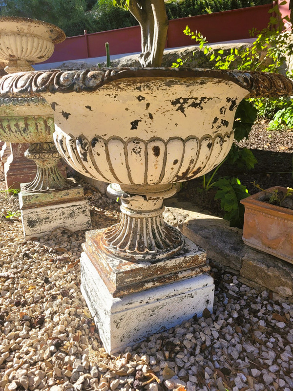 2 Large Cast Iron Garden Vases on Base, 19th Century