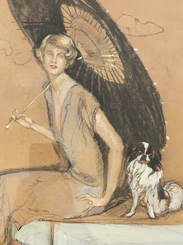 Jean – Gabriel DOMERGUE (1889 – 1962), « Elégante à l’ombrelle et au chien »