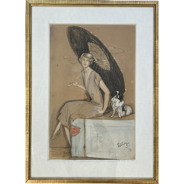 Jean – Gabriel DOMERGUE (1889 – 1962), « Elégante à l’ombrelle et au chien »