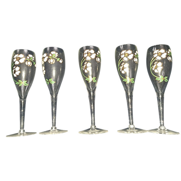 5 Perrier Jouet Belle Epoque Painted Enameled Anemones Champagne Flutes