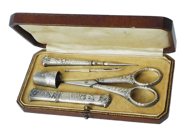 Antique Silver Sewing Kit Embroidery Scissors Thimble Punch Fable La Fontaine