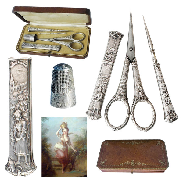 Antique Silver Sewing Kit Embroidery Scissors Thimble Punch Fable La Fontaine