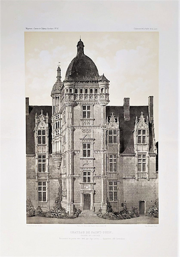 Renaissance Architecture French Castle saint-ouen Lithograph By Victor Petit 19th C Old Print