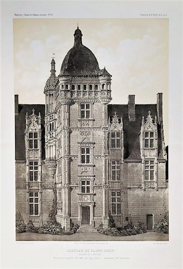 Renaissance Architecture French Castle saint-ouen Lithograph By Victor Petit 19th C Old Print