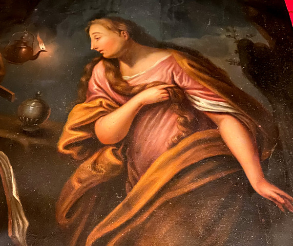 Madonna mit von einer Lampe beleuchtetem Gesicht aus dem Ende des 18. Jahrhunderts im Stil von Georges De la Tour