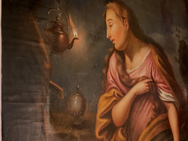 Madonna mit von einer Lampe beleuchtetem Gesicht aus dem Ende des 18. Jahrhunderts im Stil von Georges De la Tour