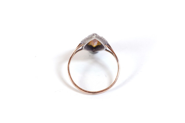 Victorian marquise yellow ring in 18k gold and silver, navette ring, marcassites, yellow glass