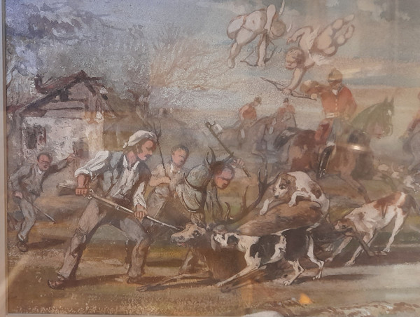 Gouache hunting scene crew of Vouzeron in Sologne