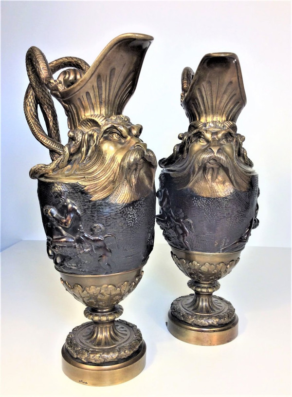 25% DISCOUNT UNTIL 11/30 - Pair of Gilt Bronze and Patinated Bronze Ewers - 19th Century