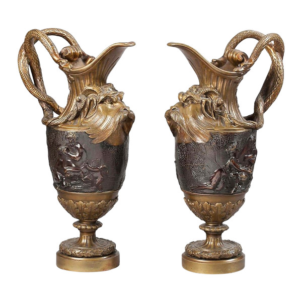 25% DISCOUNT UNTIL 11/30 - Pair of Gilt Bronze and Patinated Bronze Ewers - 19th Century