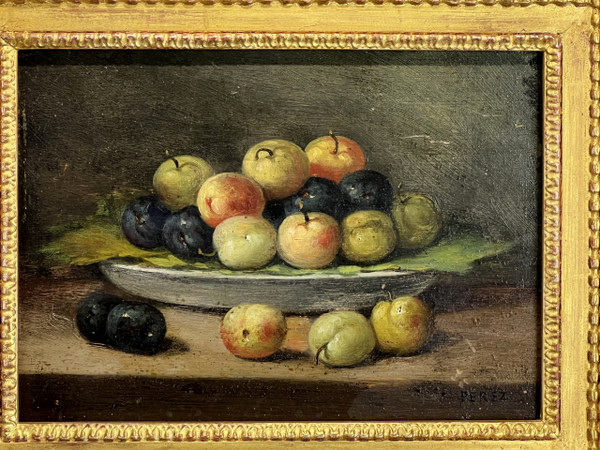 QUADRO / QUADRO / OLIO SU TAVOLA FIRMATO “PEREZ” NATURA MORTA CON FRUTTA