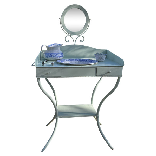 Art Nouveau dressing table in painted sheet metal with its accessories