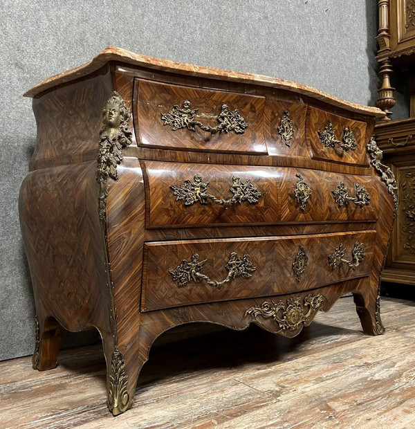 Louis XV style stamped tomb chest of drawers in precious wood marquetry circa 1880