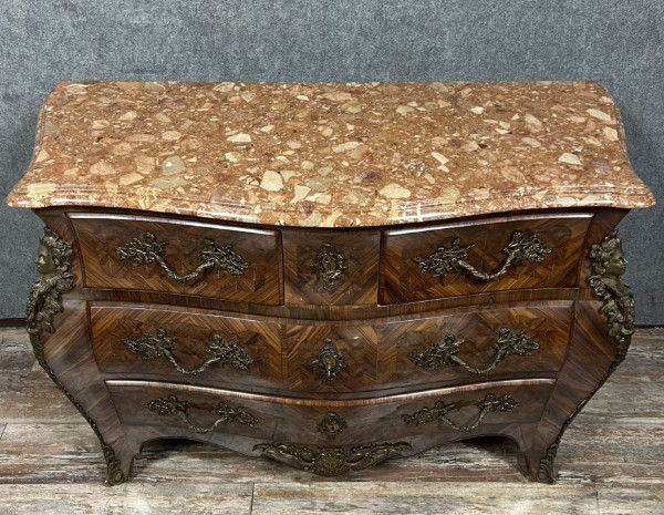 Louis XV style stamped tomb chest of drawers in precious wood marquetry circa 1880