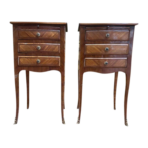 Pair of Louis Transition bedside tables in marquetry