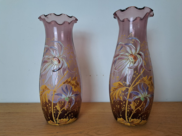 Legras, Pair of Vases, Enameled Glass, Dahlias, Art Nouveau, Late 19th/early 20th century.