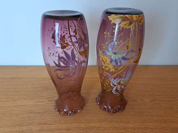 Legras, Pair of Vases, Enameled Glass, Dahlias, Art Nouveau, Late 19th/early 20th century.