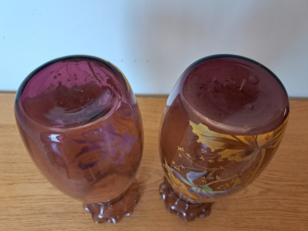 Legras, Pair of Vases, Enameled Glass, Dahlias, Art Nouveau, Late 19th/early 20th century.