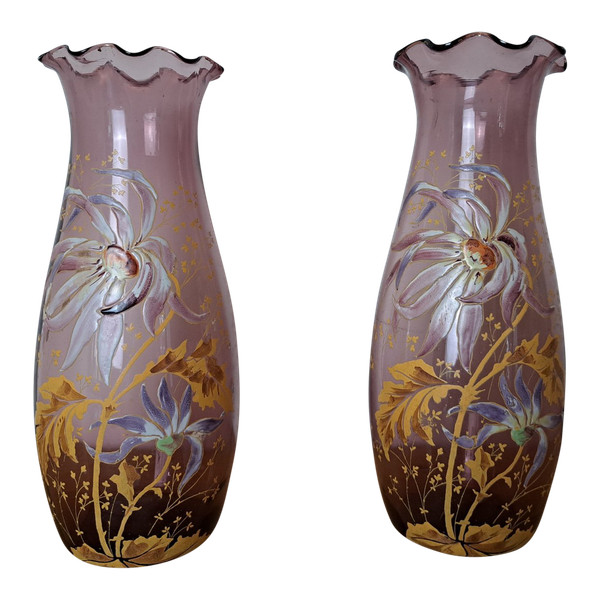 Legras, Pair of Vases, Enameled Glass, Dahlias, Art Nouveau, Late 19th/early 20th century.