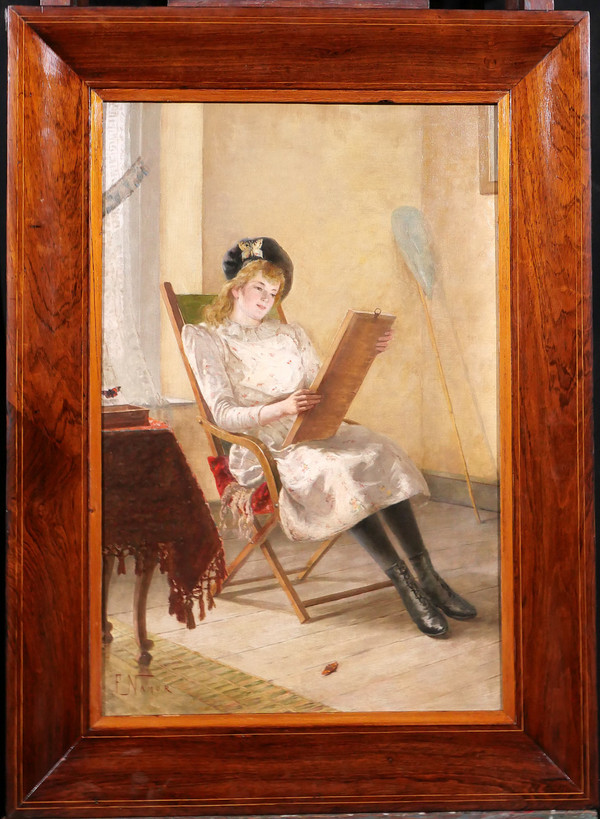 François NAMUR 1857-1902 Giovane donna con farfalle in un interno, dipinto, 1890 circa