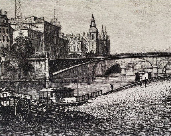 Gravur der Pariser Rathausbrücke von Lucien Gautier 